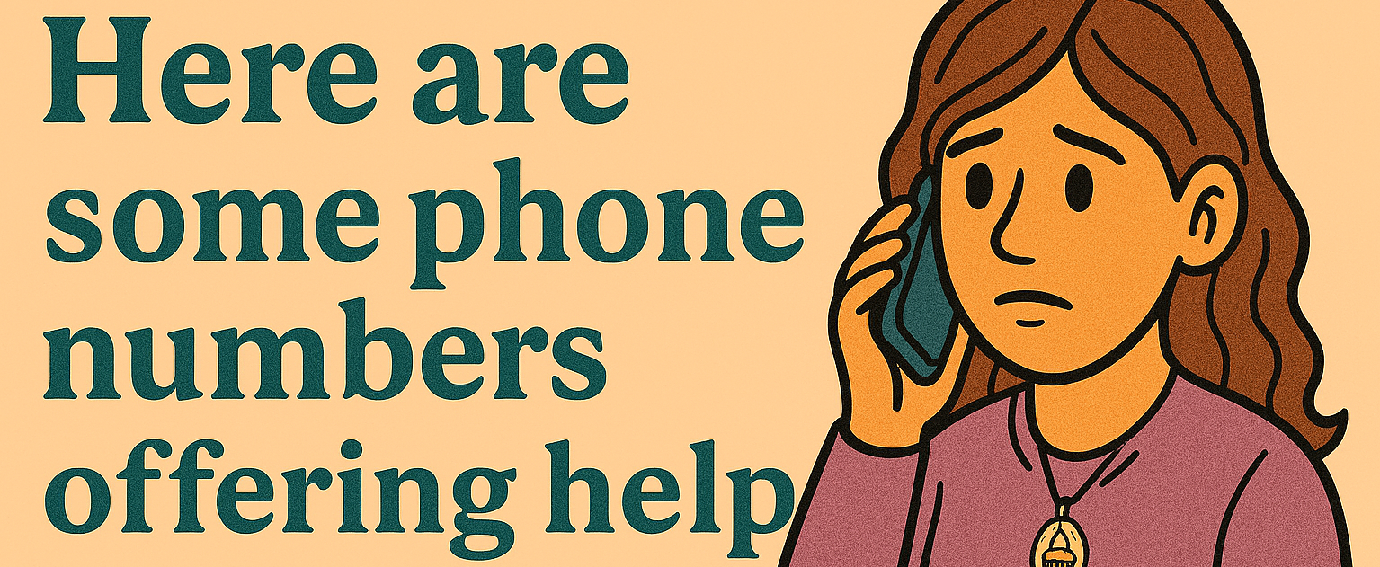 Illustration of a woman calling for help with hotline numbers